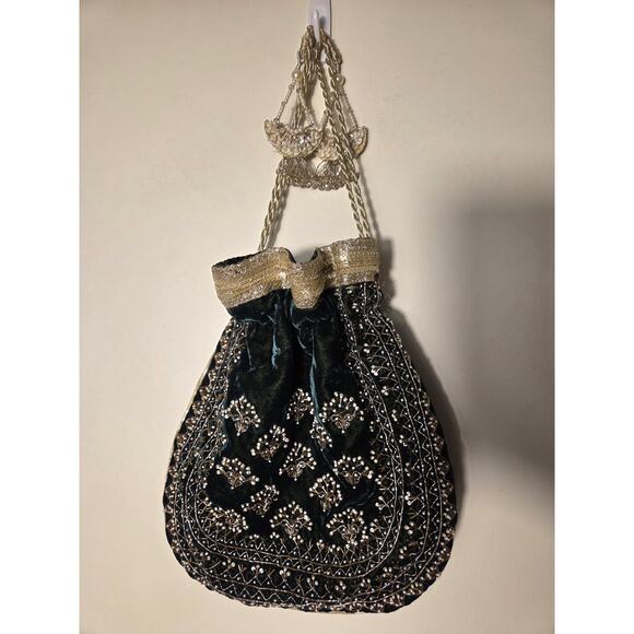 Velvet Polti Bag Forest Green Gold Floral Beading Ribbon Drawtring Satin Lined - Picture 1 of 9